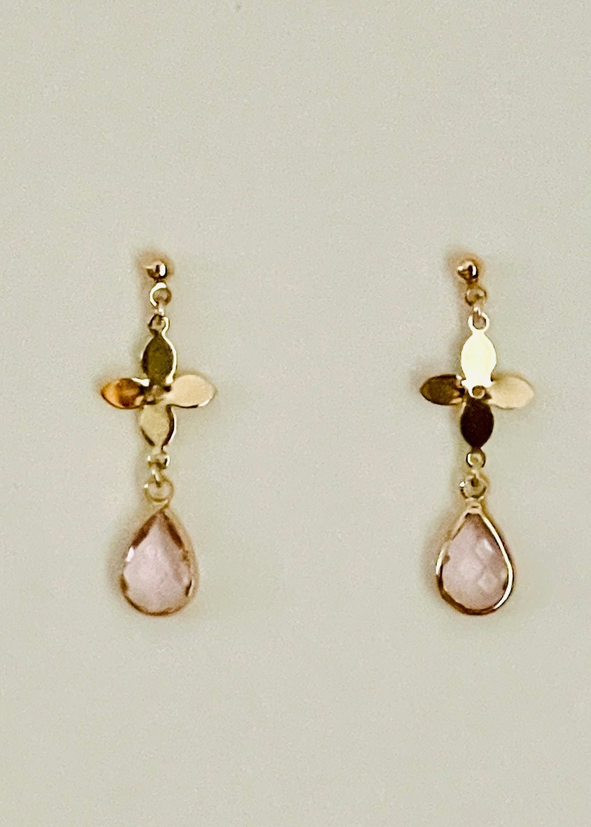 Gold Clover With Pink Stonedrop Earrings