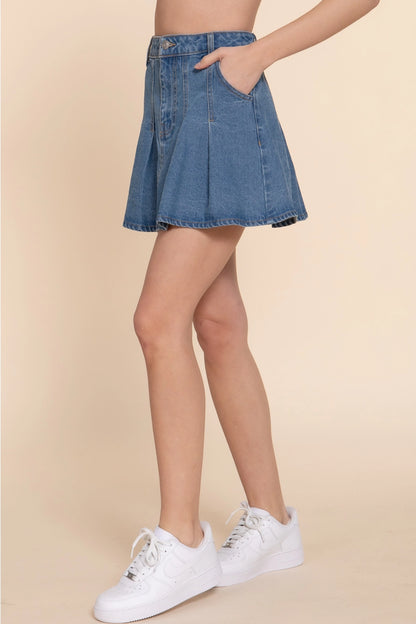 Pleated Mini Denim Skirt