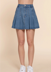 Pleated Mini Denim Skirt