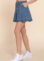 Pleated Mini Denim Skirt