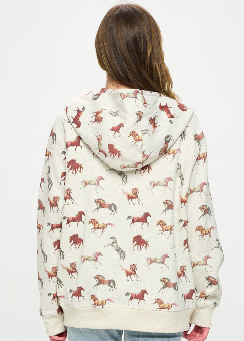 Horse Print Zip Up Hoodie