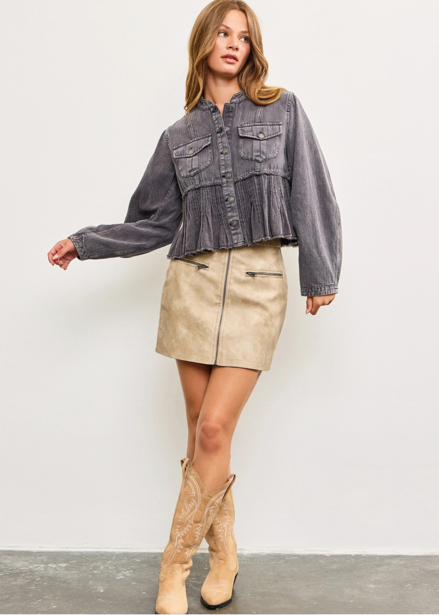 Pleated Denim Jacket