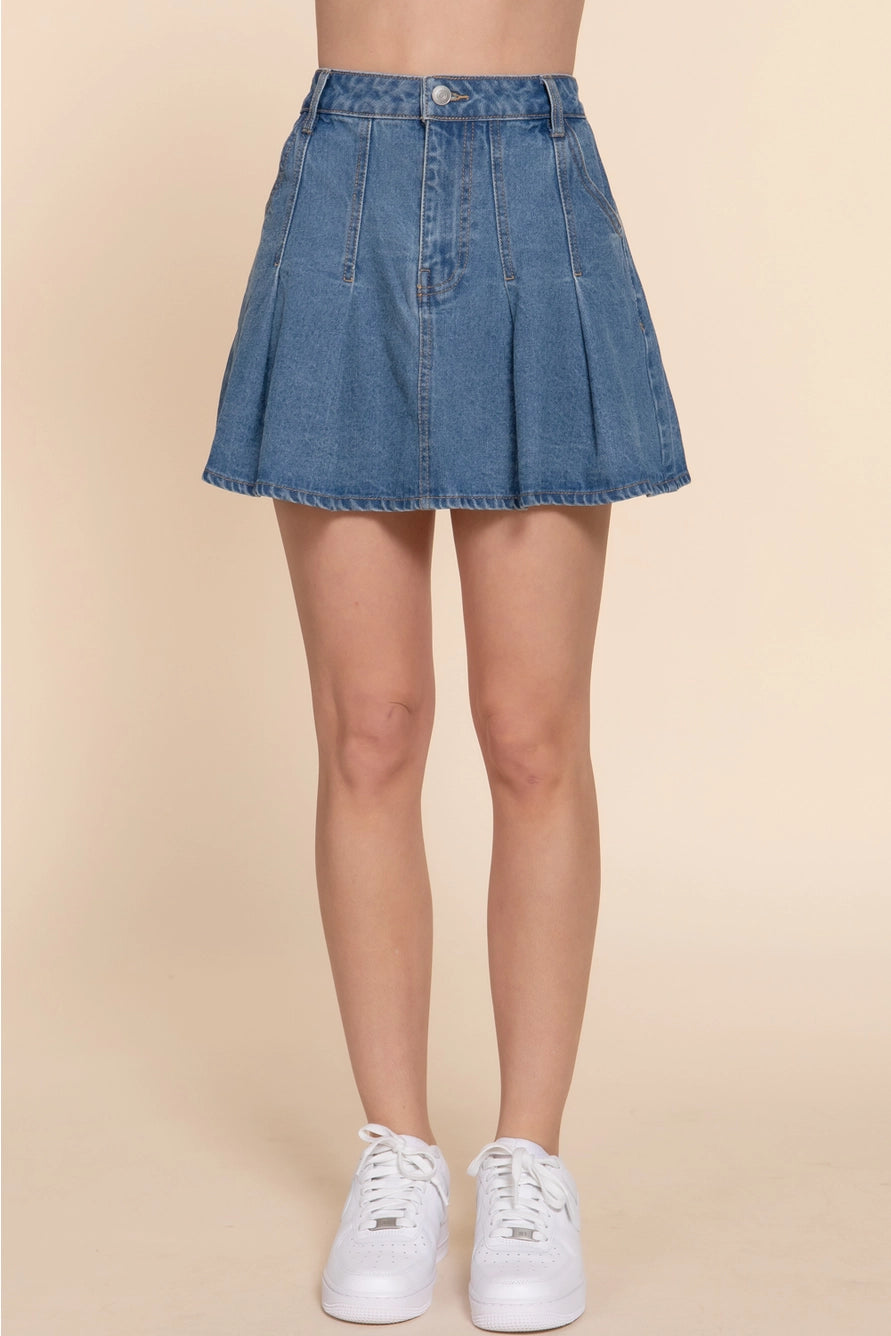 Pleated Mini Denim Skirt