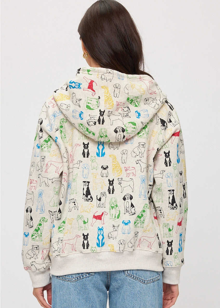 Graphic Dog Print Zip Up Hoodie