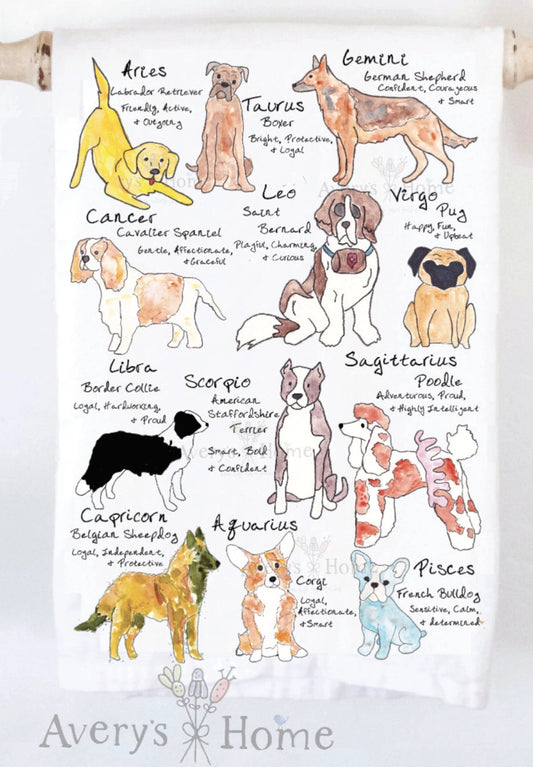 Zodiac Dog Signs Birthday Dish Towel