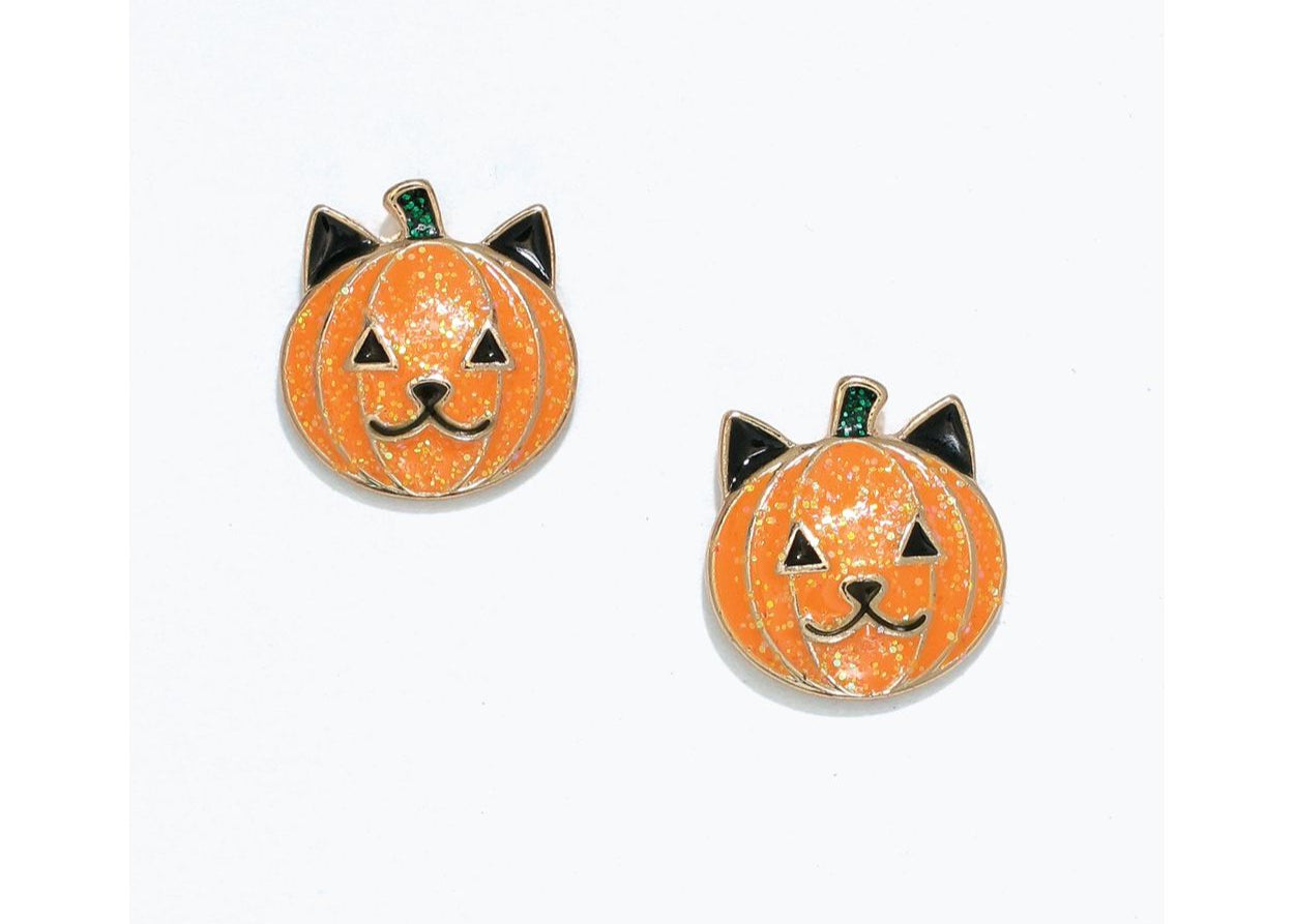 Glittery Pumpkin Cat Earrings