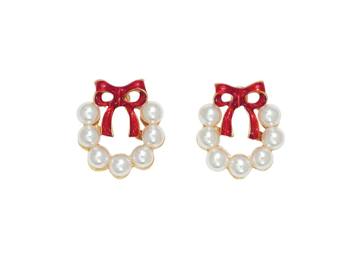 Pearl Wreath with Red Bow Earrings
