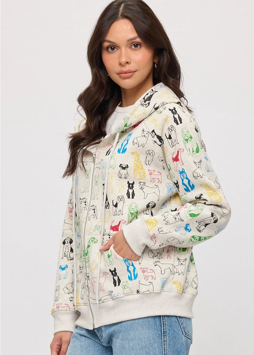 Graphic Dog Print Zip Up Hoodie