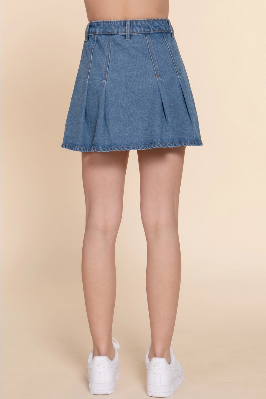 Pleated Mini Denim Skirt