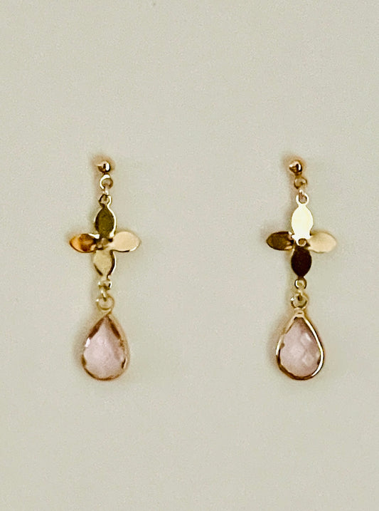 Gold Clover With Pink Stonedrop Earrings