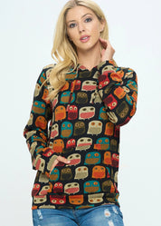 Owl Print Hoodie with Pocket