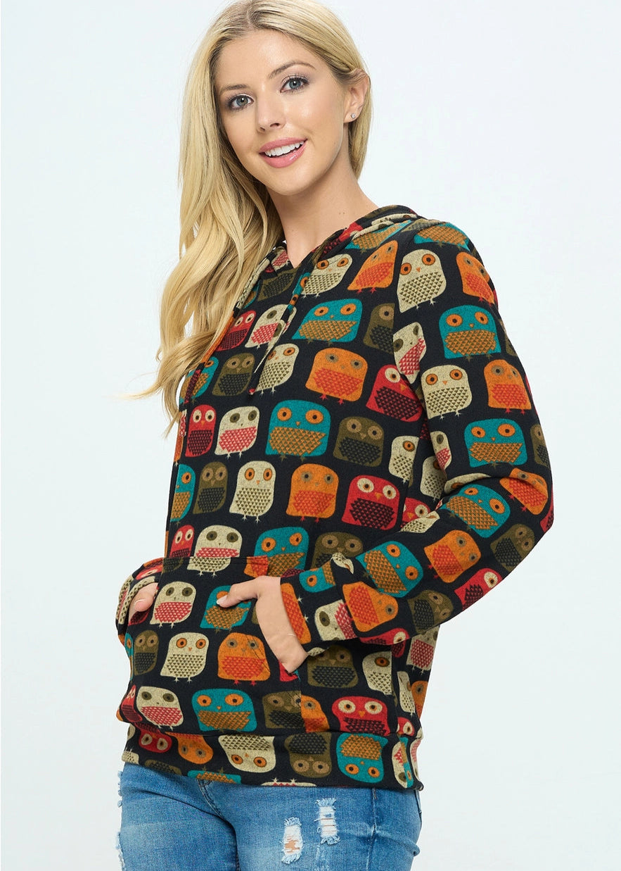 Owl Print Hoodie with Pocket