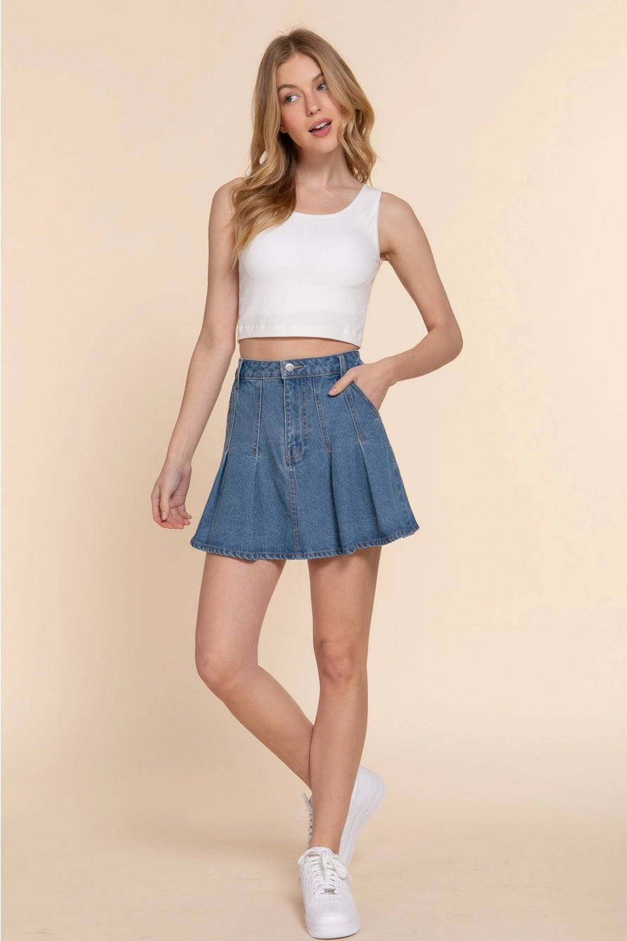 Pleated Mini Denim Skirt