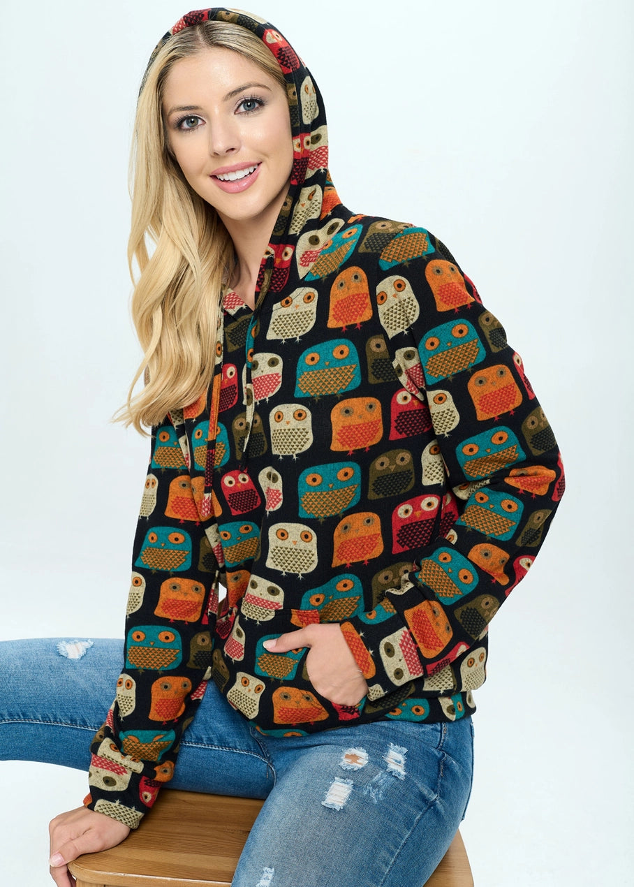 Owl Print Hoodie with Pocket