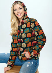 Owl Print Hoodie with Pocket