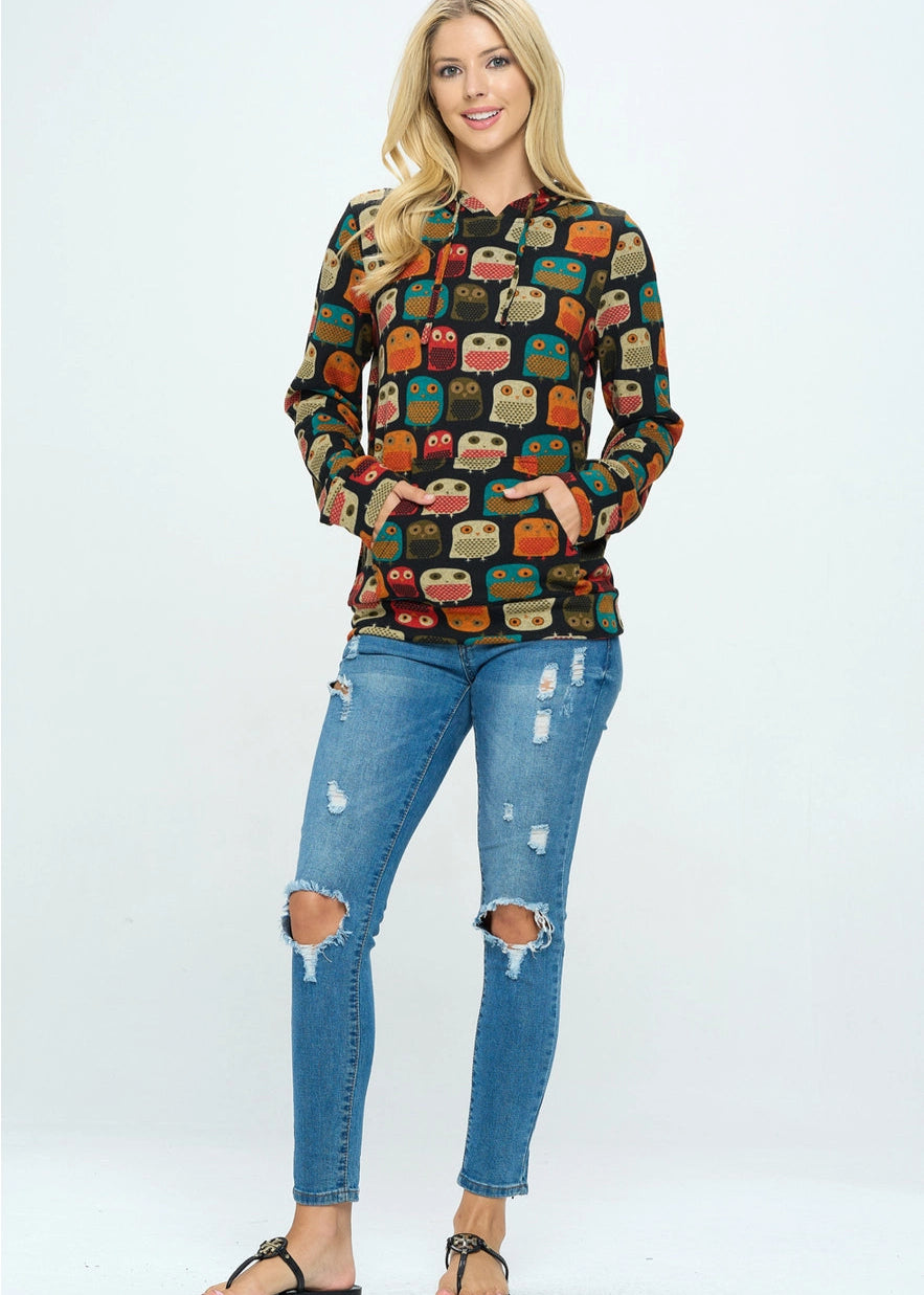 Owl Print Hoodie with Pocket