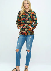 Owl Print Hoodie with Pocket